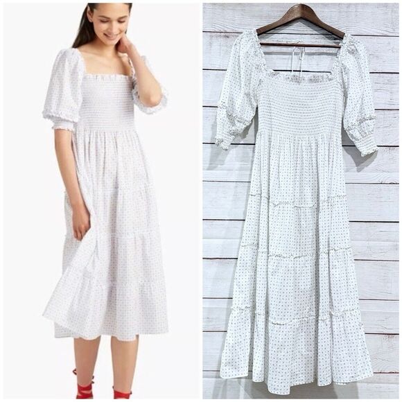 Hill House Home Nesli Nap Dress White Smocked Puff Sleeve Midi Cottagecore XS - Picture 1 of 12